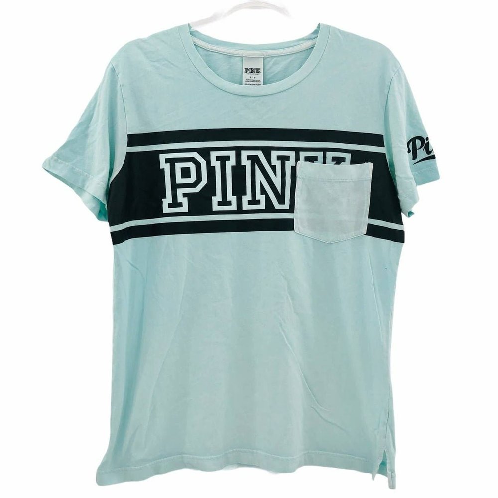 Pink Victoria's Secret (S) Blue Pocket Logo Tee Crew Neck Loose Oversized Shirt